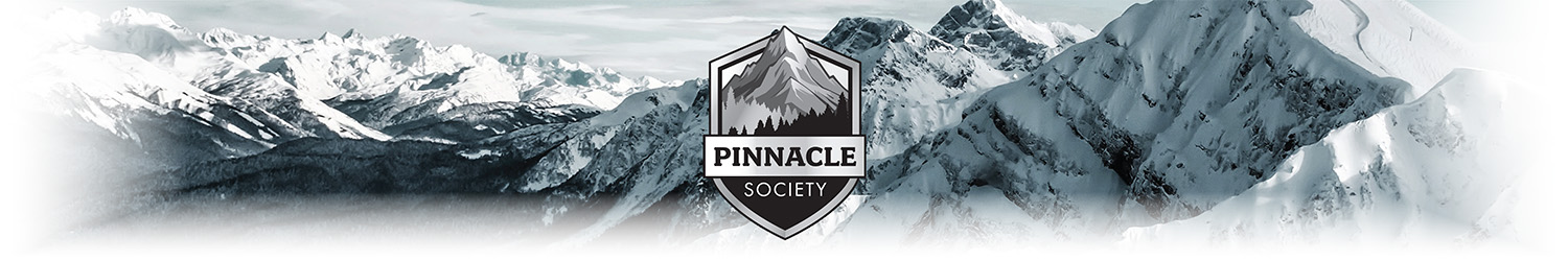 Snowy mountain peaks with Pinnacle Society logo